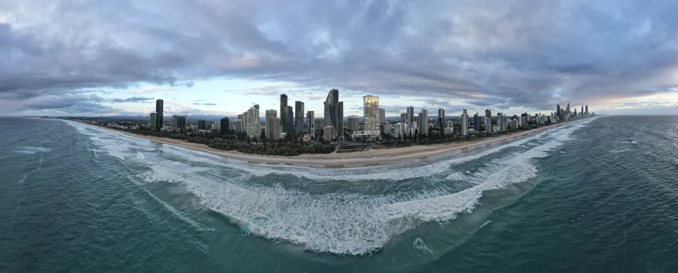 A panorama of the Broadbeach beachfront and coastline