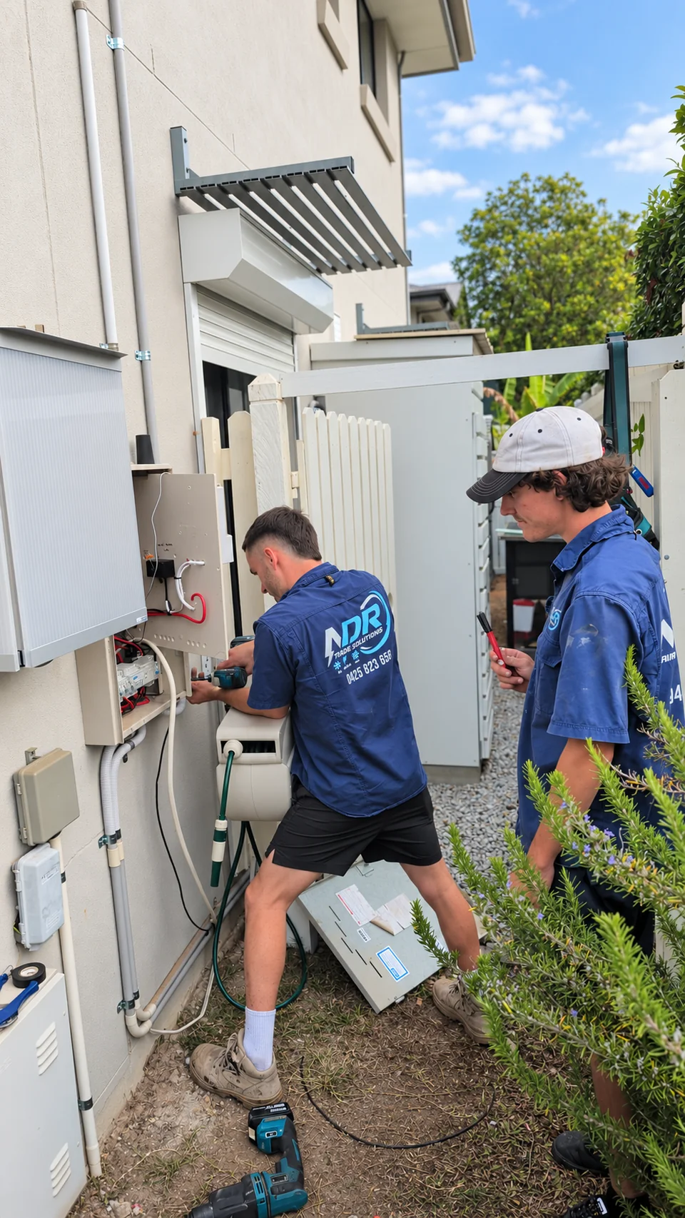 Two NDR technicians working beside an inverter and electrical enclosure
