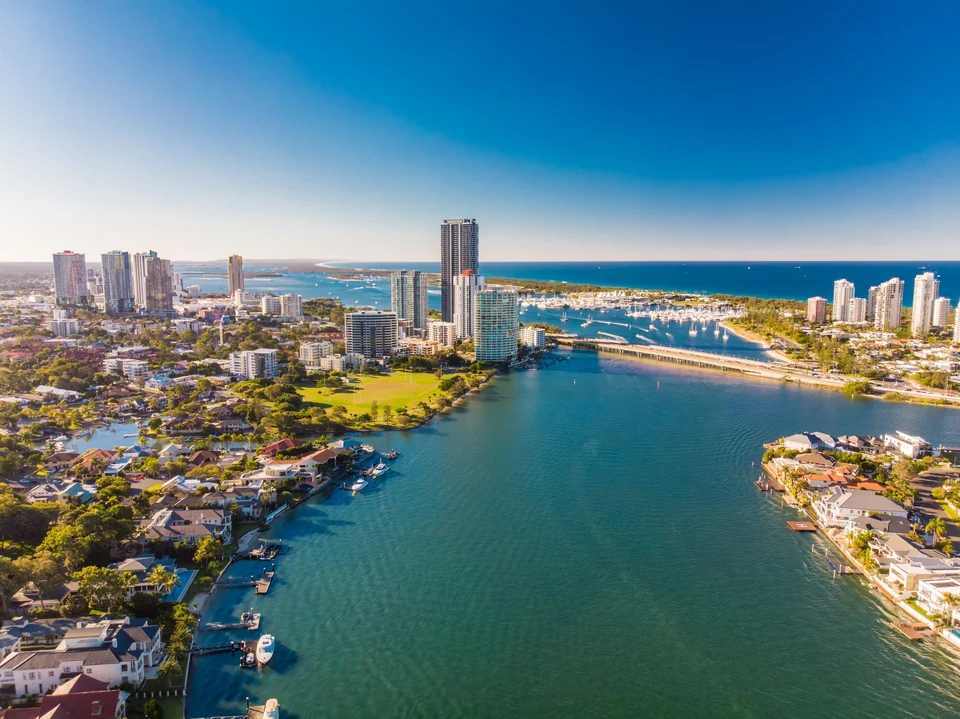 An aerial view of the Southport waterfront and city