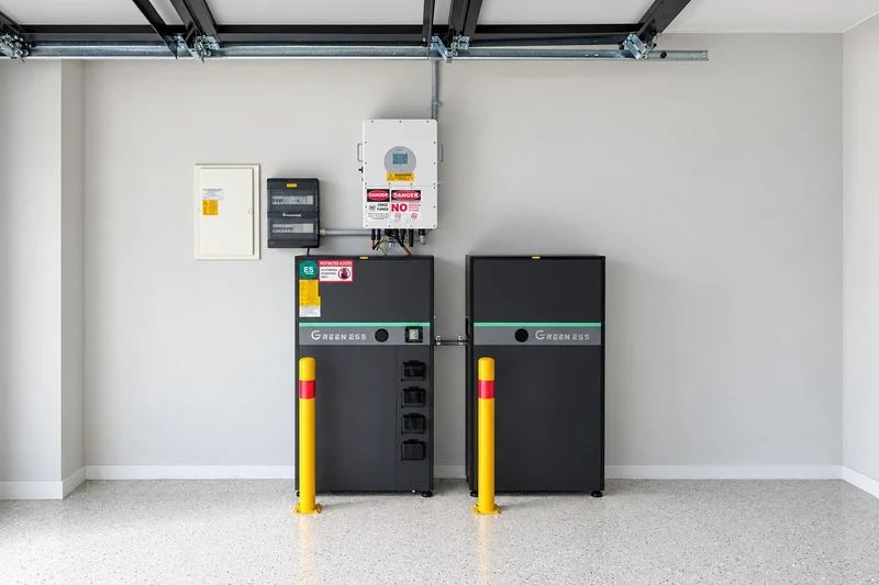 Two home battery storage units and an inverter installed against a garage wall