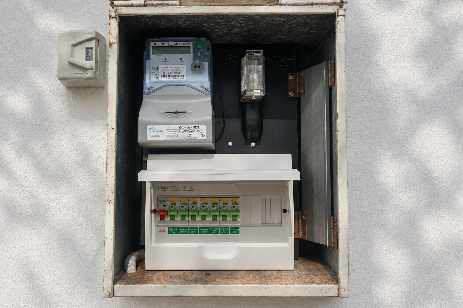 An electricity meter and circuit-breaker enclosure inside an open switchboard